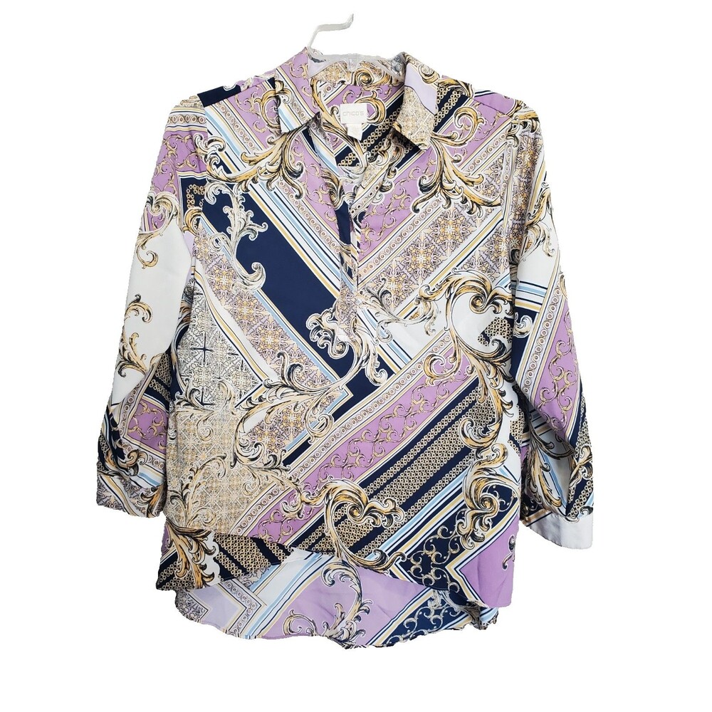Chico's Mixed Print Tulip Hem Henley Neck Popover Tunic Size 2P Large Petite
